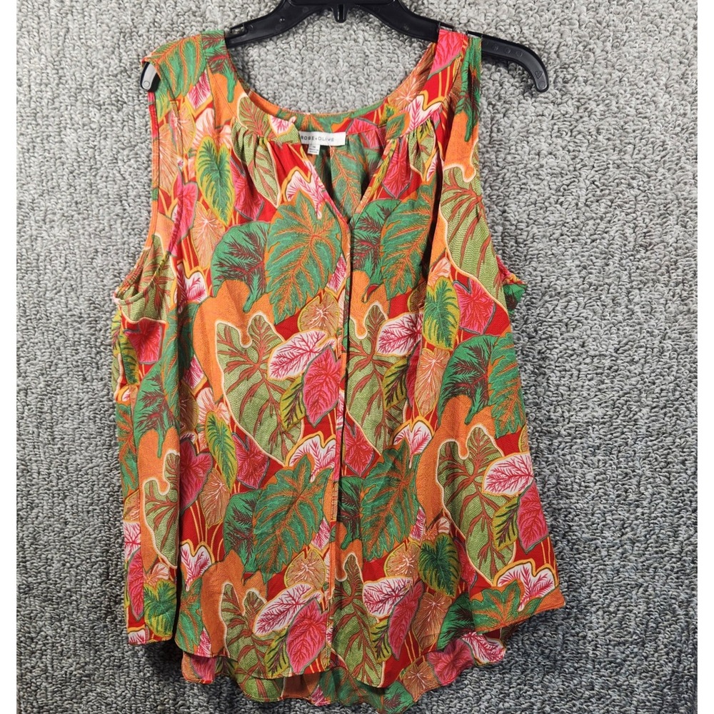 Rose + Olive Blouse Orange Tropical Leaf Print Sleeveless Womens 1X